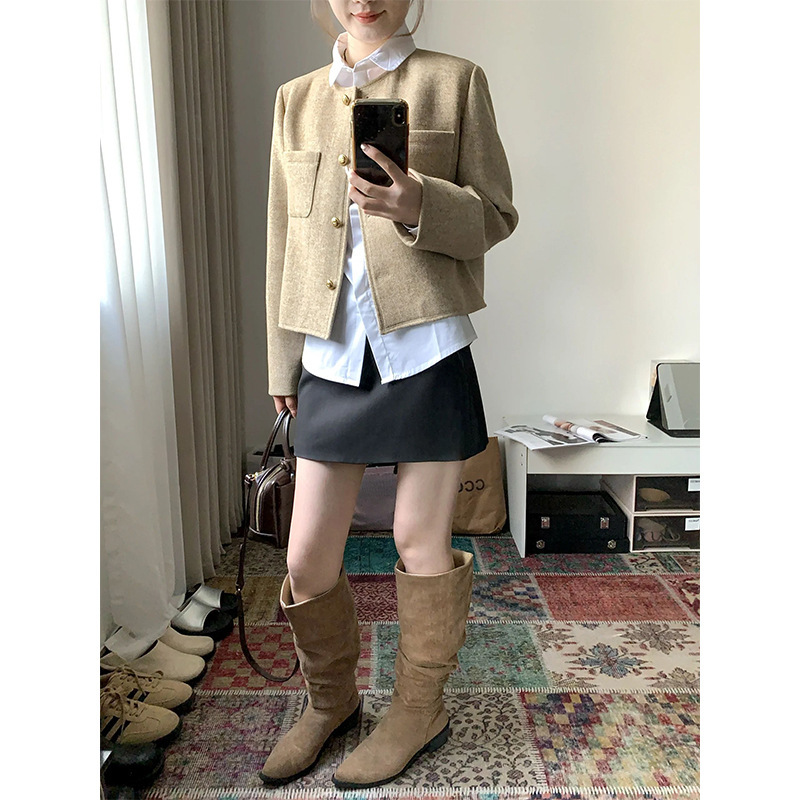 秋季穿搭一整套高级感小香风金扣外套条纹衬衫呢子短款半裙两件套|undefined