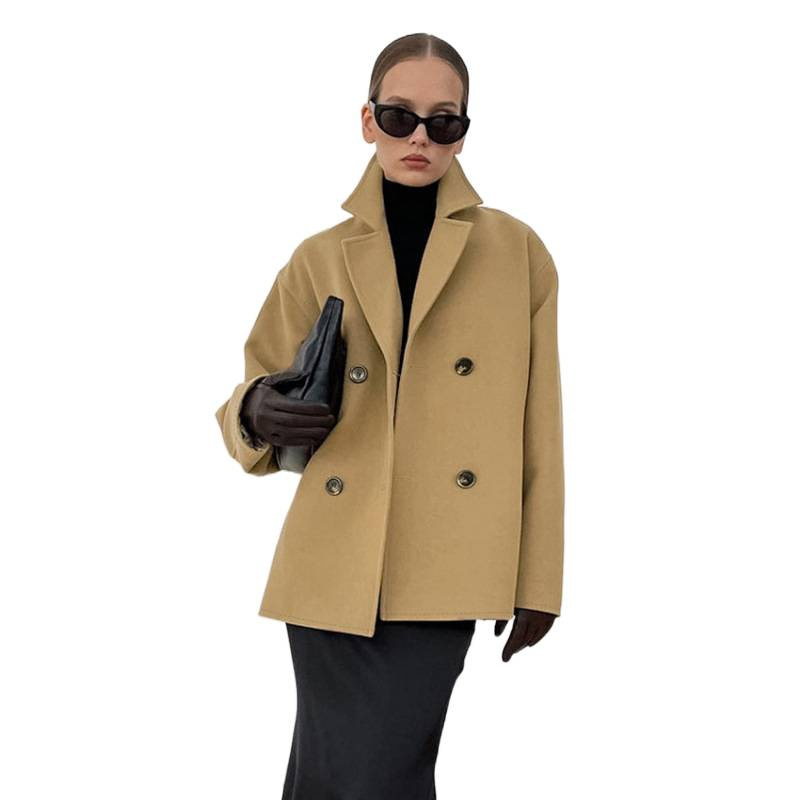 Brown Woolen Coat Mid Length Double Breasted Autumn Winter Jacket_voghion.com