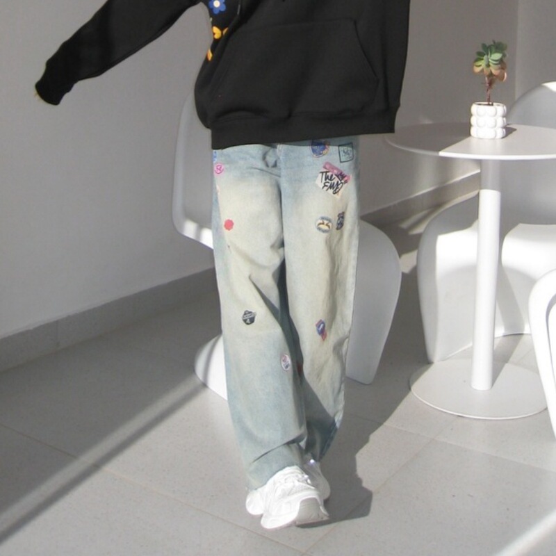 高街vibe3D立体标签印花裤链牛仔裤男女水洗做旧复古阔腿直筒长裤|undefined
