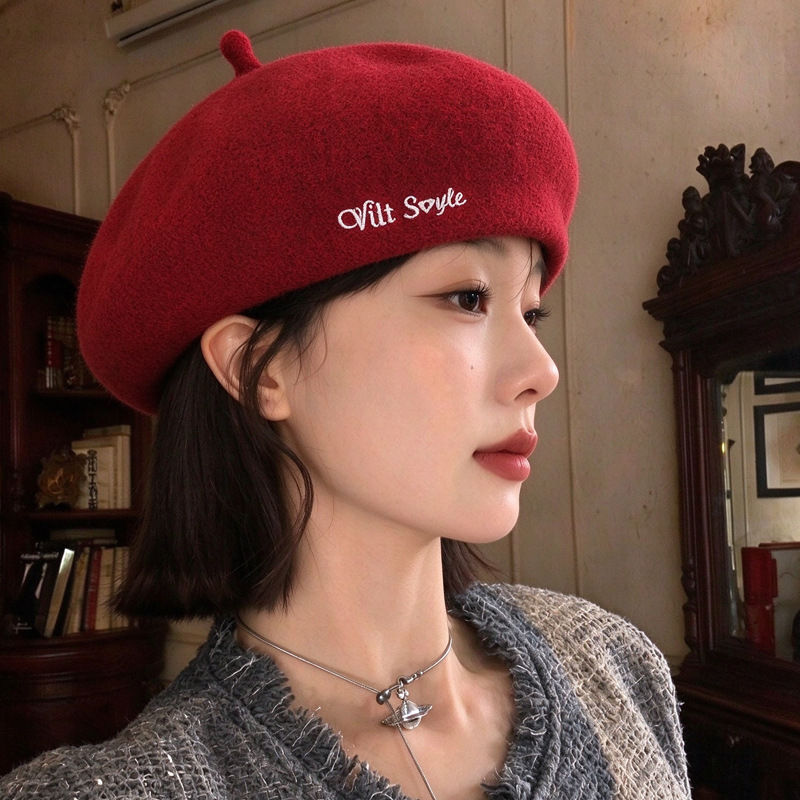 复古风毛呢贝雷帽简约字母刺绣南瓜帽气质百搭画家帽子秋冬季女款