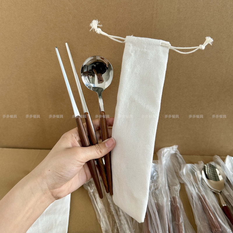 Ins風ステンレス食器プラスチックハンドルはレトロ木目ステーキナイフフォークスプーン家庭用パスタフォークスプーン|undefined
