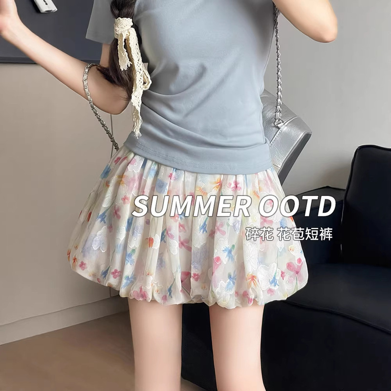 Chiffon Floral Puff Shorts for Women, Summer Plus-Size, Petite High-Waisted Loose Casual Wide-Leg Skirt Pants