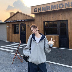 韩系连帽长袖撞色卫衣女2025秋季新款宽松灰色设计感拉链外套上衣