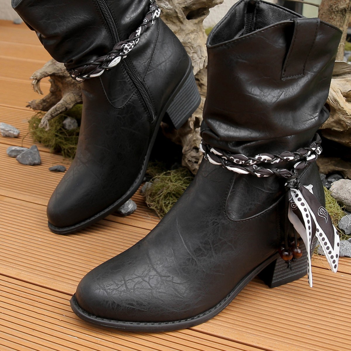 跨境欧美时尚中筒时装靴女式外贸大码复古粗跟褶皱套脚西部骑士靴