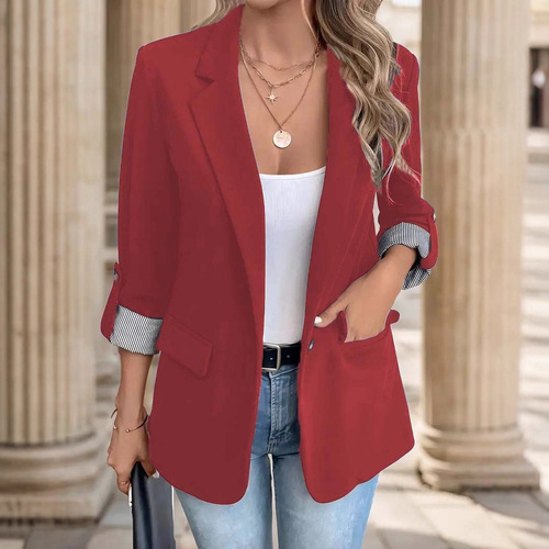 Women's Fashionable Casual Buttoned Suit, Slim Fit, Seven-Finger Roll Sleeve Suit Jacket with European and American Style