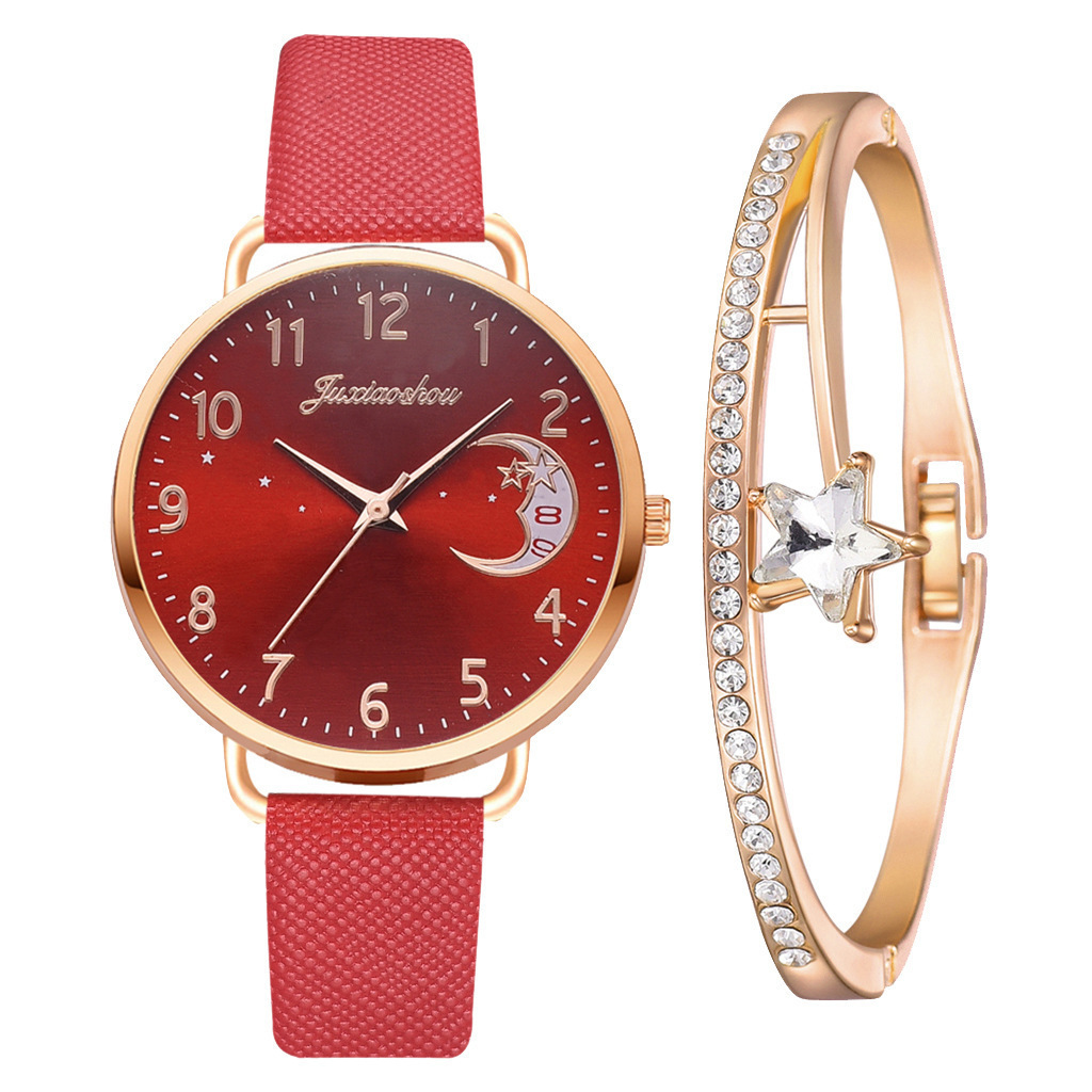 new hot women's personality quartz watch set Pu with moon pattern dial with calendar_voghion.com