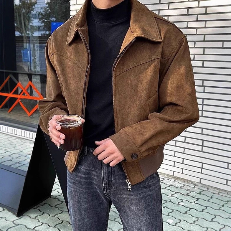 Spring and Autumn New Retro High Street Suede Short Jacket for Men, Loose Versatile Motorcycle Turn-Down Collar Flight Casual Jacket Spring and Autumn New Retro High Street Suede Short Jacket for Men, Loose Versatile Motorcycle Turn-Down Collar Flight Casual Jacket