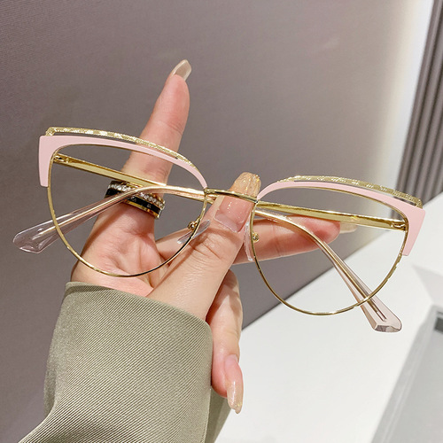 23 cross-border new metal anti-blue light discoloration flat glasses cat eye frame without makeup, small face, can be equipped with myopia frame