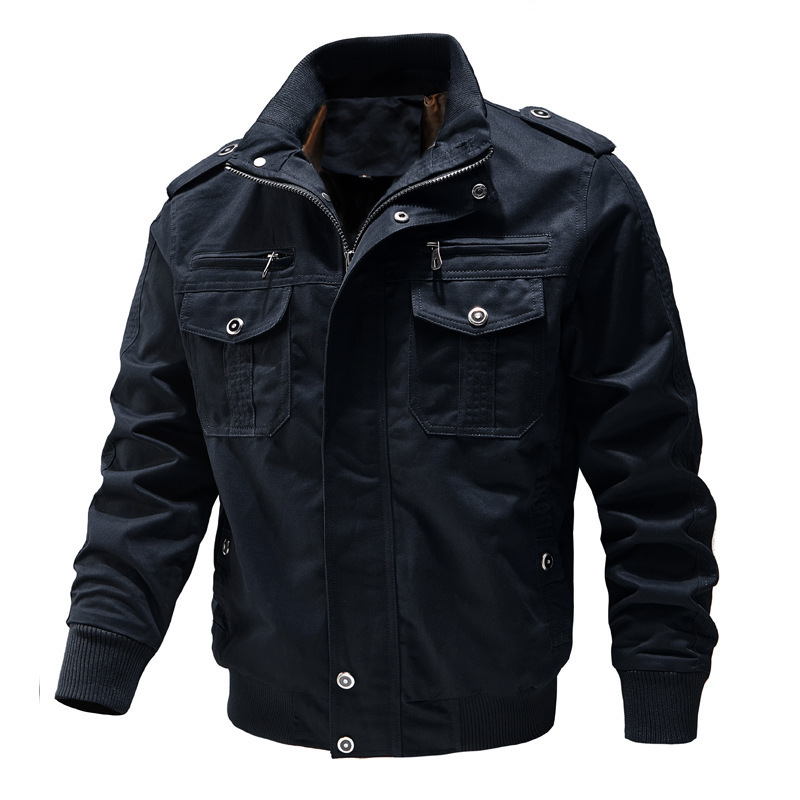 Cross-Border Amazon Casual Solid Color Jacket with Multiple Pockets, Stand-Up Collar, Large Size Men's Pure Cotton Thin Coat for Spring and Autumn