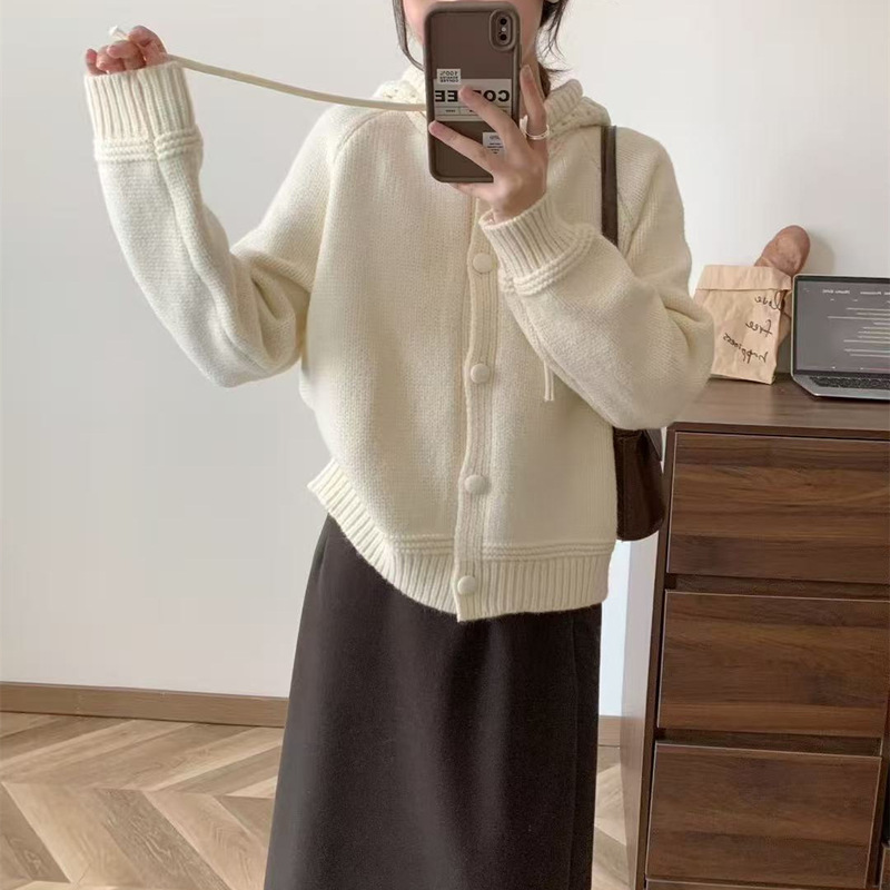 法式复古加厚开衫针织灰色外套女秋冬连帽抽绳软糯学院毛衣开衫女|undefined