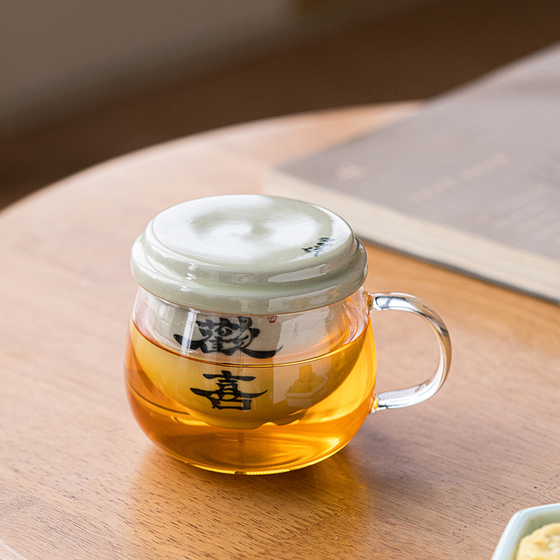 Retro Creative Handwritten Calligraphy Heat-resistant Glass Tea Cup Underglaze Color Ceramic with Lid and Filter Cup Simple