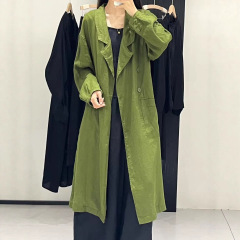西装领开襟长款长袖女式亚麻纯色秋季新款显瘦气质高级感风衣外套