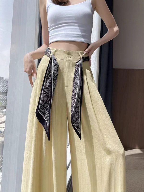 钛金棉亚麻西装阔腿裤女夏薄款丝巾系带高腰直筒休闲裤子跨境批发|undefined