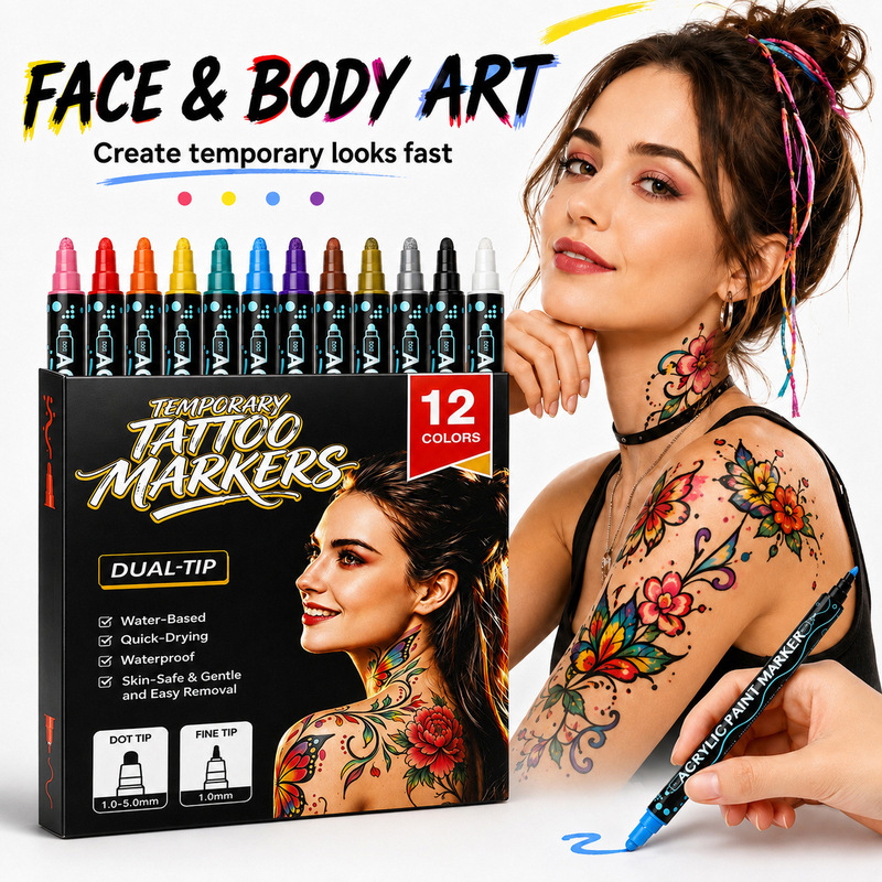 Cross-border best-selling double-ended tattoo pen, quick-drying, waterproof, for body painting, face and body graffiti marking pen Cross-border best-selling double-ended tattoo pen, quick-drying, waterproof, for body painting, face and body graffiti marking pen