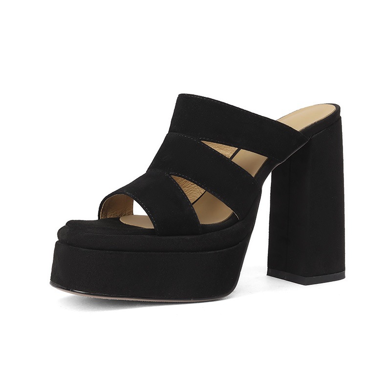 Sandal cao gót nữ hở mũi gót thô 12 cm đế dày phong cách La Mã — đen