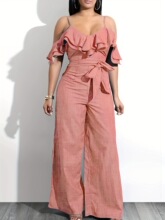 F 34851 Fashionable Denim Jumpsuit with Lace Trim Ůʿţ����