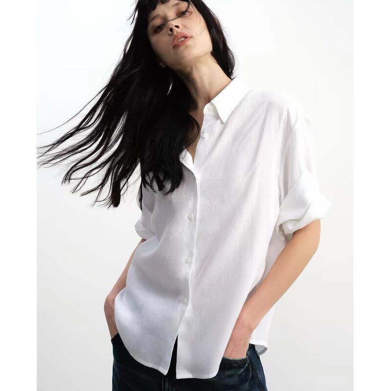 Jcaesar Woman Tencel Linen Rolled-Edge Short-Sleeved Shirt with Textured Feel, Loose and Relaxed White Shirt Jcaesar Woman Tencel Linen Rolled-Edge Short-Sleeved Shirt with Textured Feel, Loose and Relaxed White Shirt