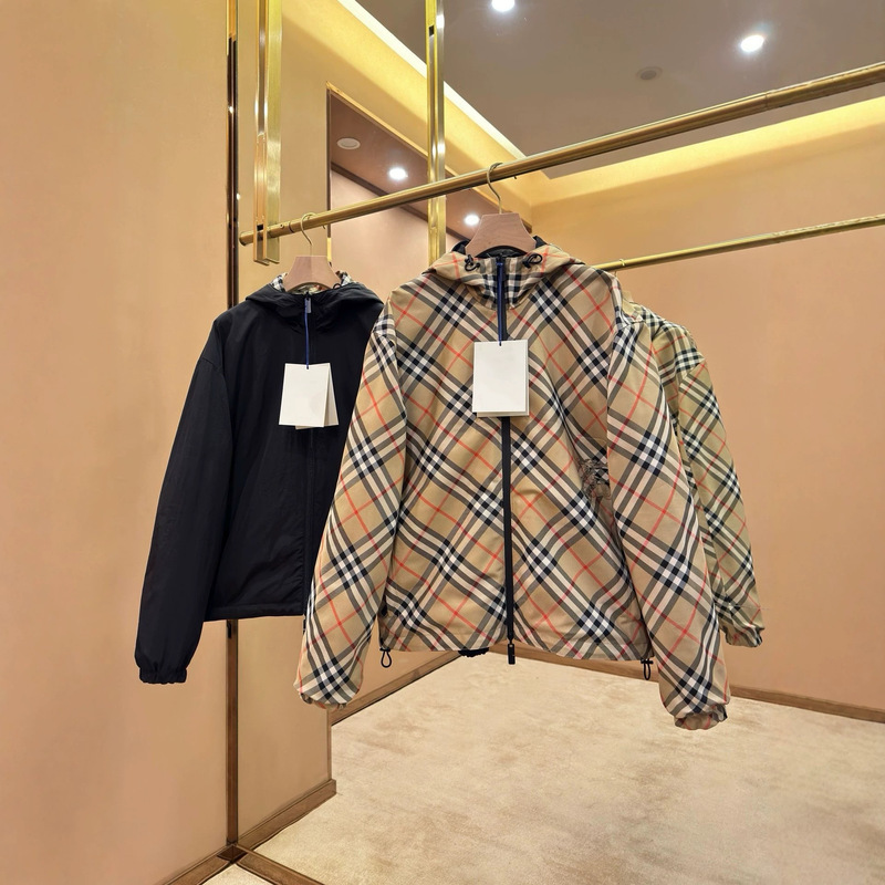 High-End Double-Sided Reversible B*Br Nylon Twill Plaid Hooded Windbreaker Jacket