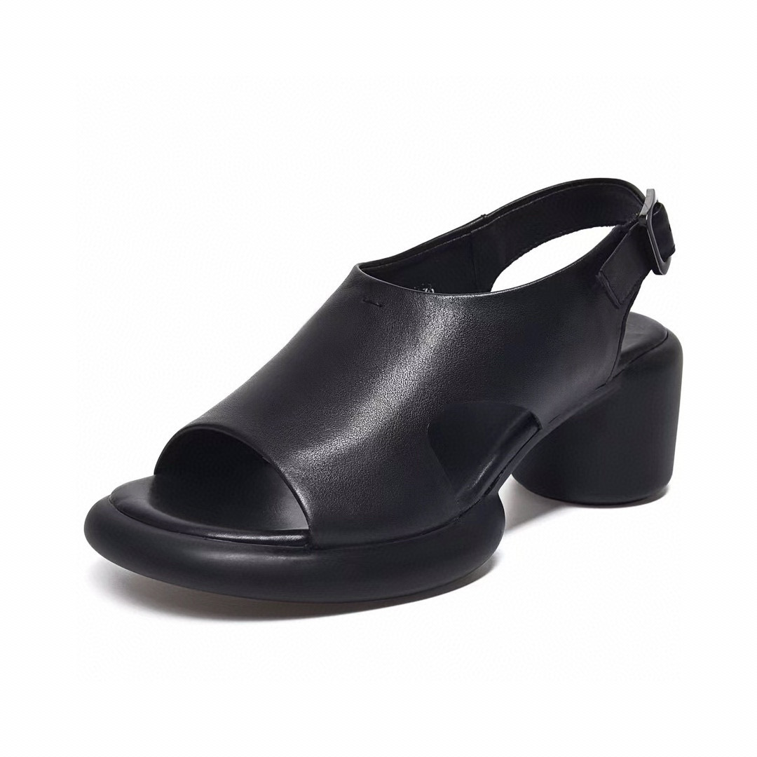 Sandal nữ da thật mũi hở gót vuông quai ngang đế dày — đen