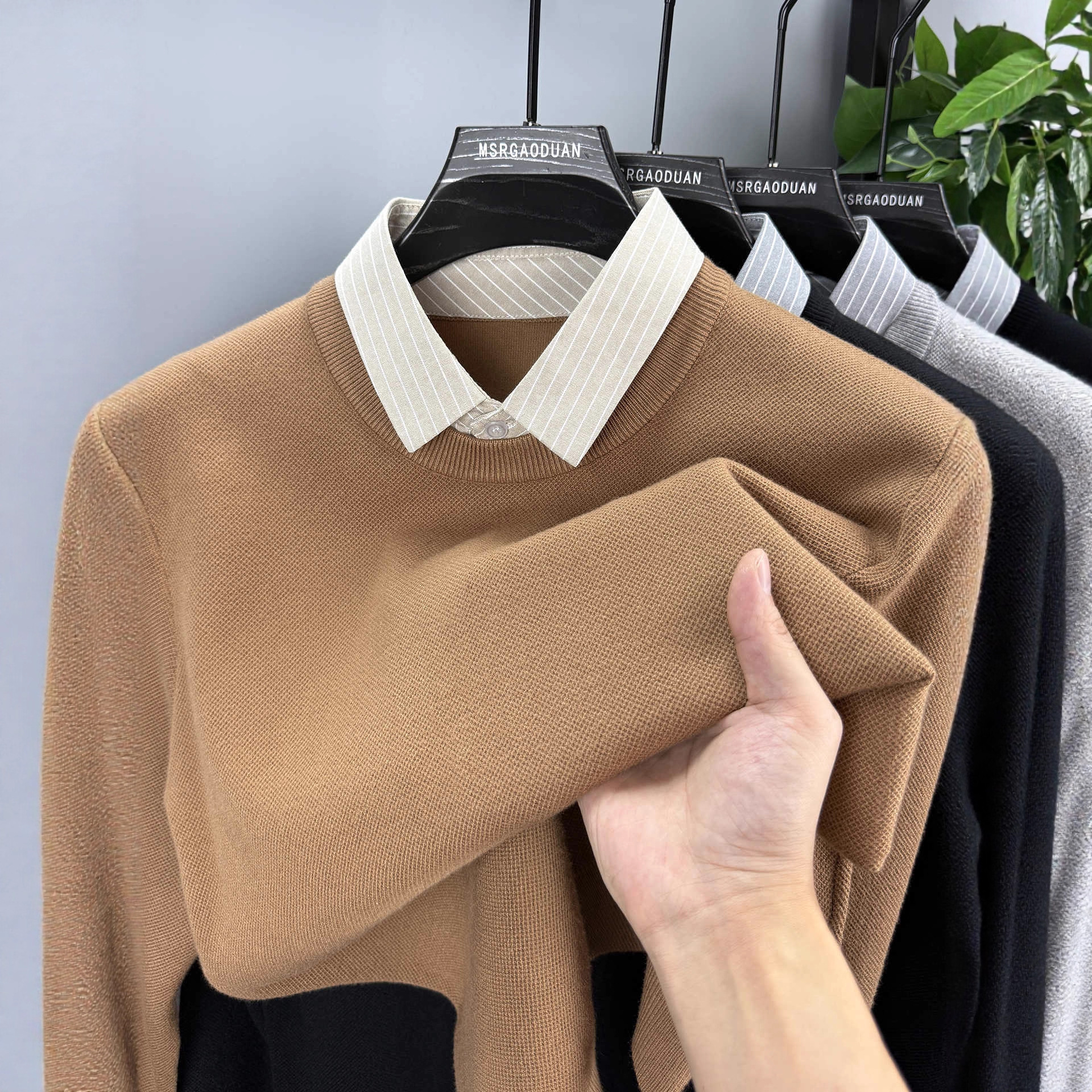 Men's Shirt Collar Sweater 2025 Autumn and Winter New Pure Color Fake Two-Piece Warm Inner Layering Knitted Sweater Trendy