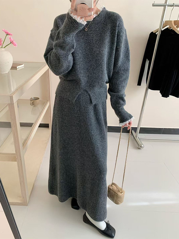 2025秋冬新款复古高级感软糯开叉花边长袖毛衣女+高腰针织半身裙|undefined
