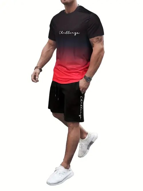 Cross-border 2025 nuevo estilo Amazon europeo y americano degradado de color manga corta cuello redondo camiseta pantalones cortos traje ME5 MA04
