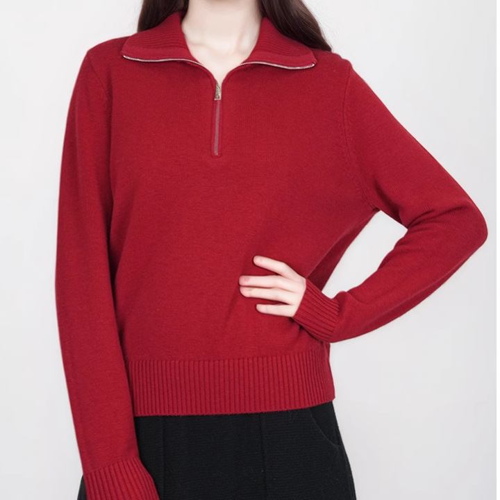 Half zipper sweater for women POLO collar Puyuan cardigan for women autumn and winter new style New Year's Eve red sweater for women BN952