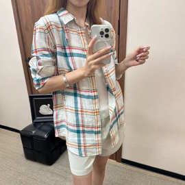 原版高品质RL拉夫刺绣小马标撞色格纹亚麻衬衫女百搭宽松开衫上衣