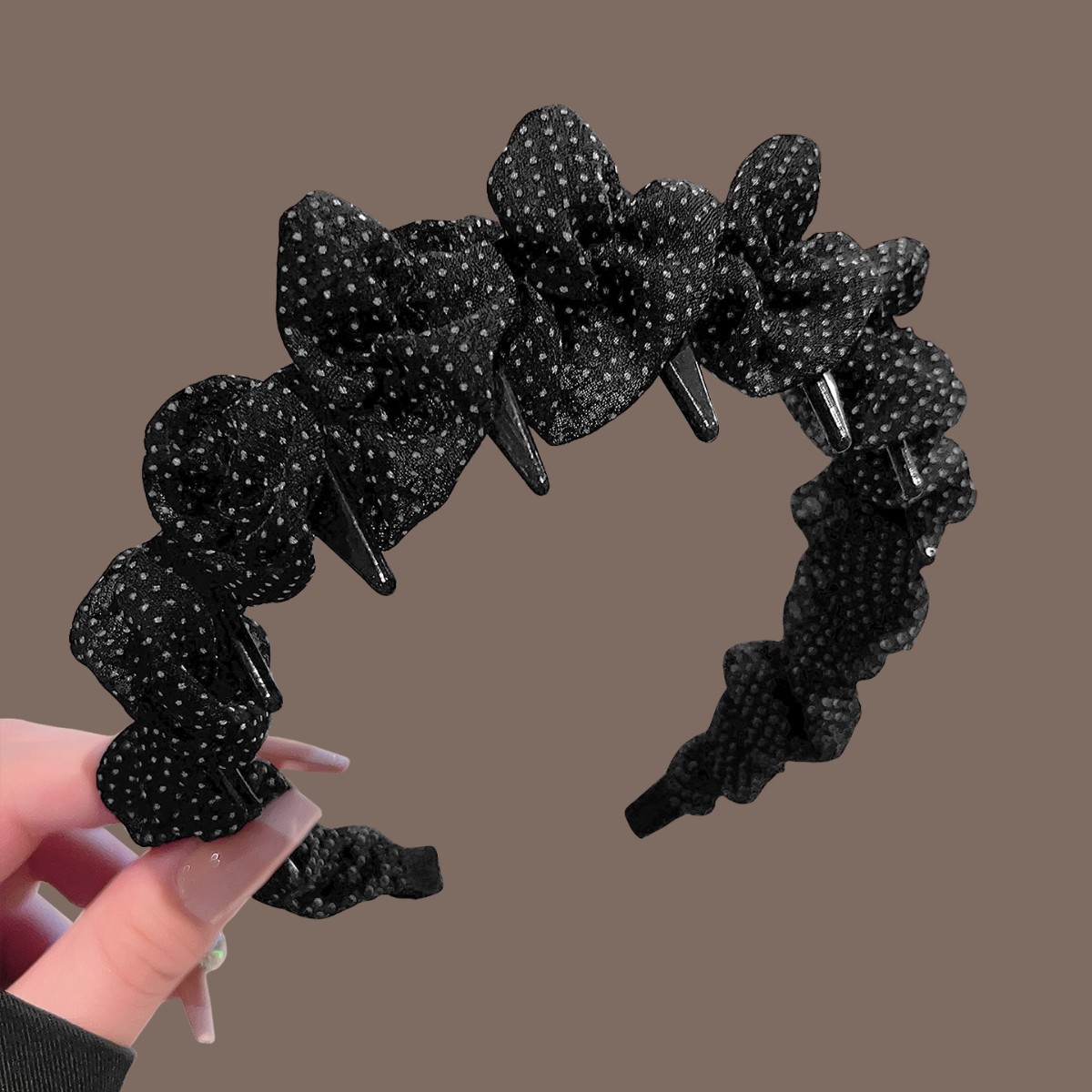 Black chiffon polka dot pleated headband