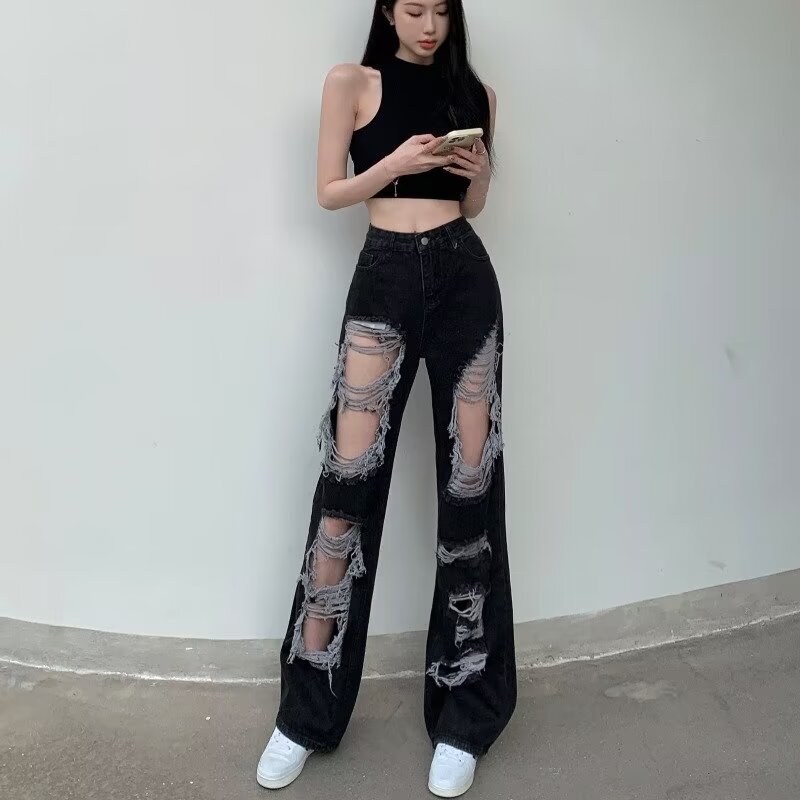 Hong Kong Style Distressed Ripped Jeans for Women, Summer Straight Wide-Leg Floor-Length Pants, Loose Slimming Trendy Brand Pants Ins Hong Kong Style Distressed Ripped Jeans for Women, Summer Straight Wide-Leg Floor-Length Pants, Loose Slimming Trendy Brand Pants Ins