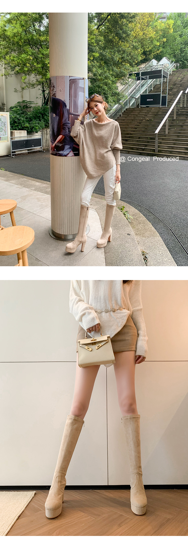 Boot nữ cổ cao ôm bắp chân gót 11cm đế platform mũi tròn — Quả mơ ống nhỏ đơn li, Lớp lót nhung lớn màu đen, Lớp lót nhung ống nhỏ màu mơ, Ống nhỏ màu đen đơn li chi tiết 11
