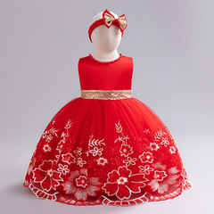 周歲禮服歐美蓬蓬刺繡電腦繡花網紗裙女寶寶連衣裙女童嬰兒滿月服