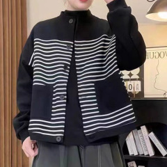 条纹针织开衫女2025秋冬新款显瘦温柔风V领短款百搭撞色毛衣外套