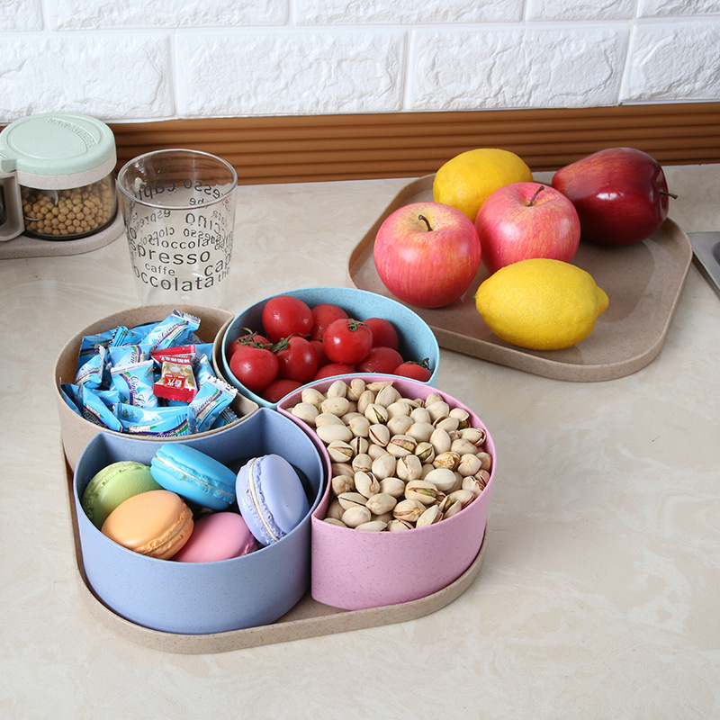 小麦秸秆干果盘 分格带盖塑料零食糖果盒 创意厨房餐具水果盘批发