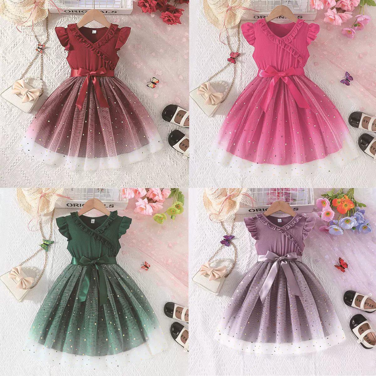 跨境外贸夏季女童优雅荷叶边领口亮片网纱腰带连衣裙