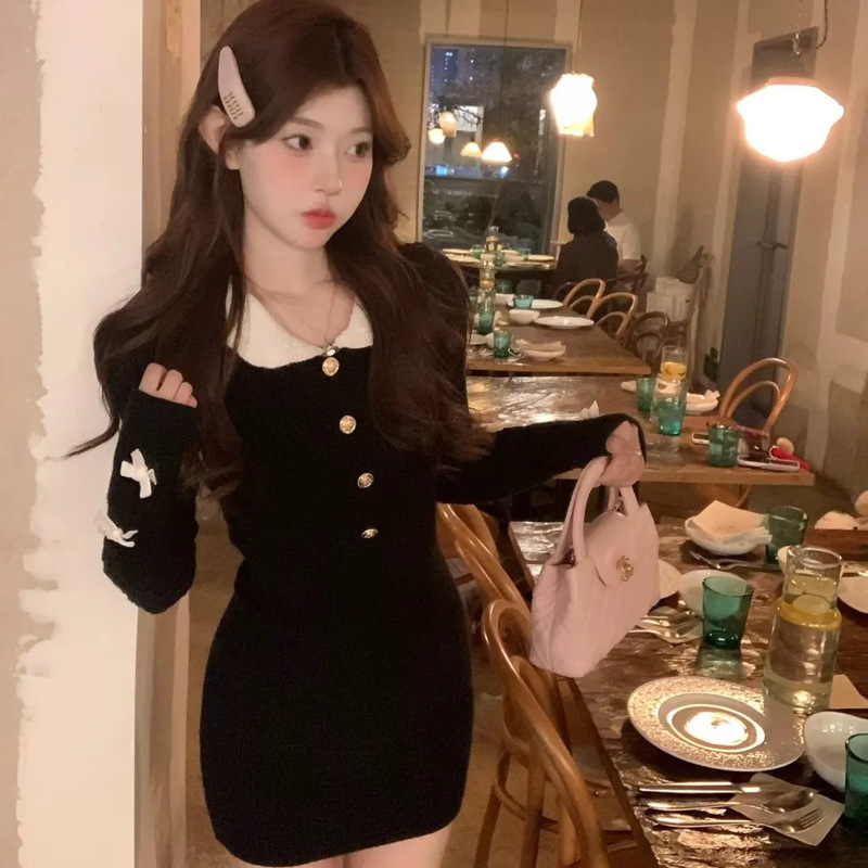 小个子春秋连衣裙早秋新款小香风蝴蝶结内搭女秋冬修身包臀短裙子|undefined