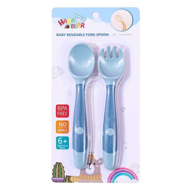 Cuchara de entrenamiento para bebés con embalaje en inglés para aprender a comer, tenedor y cuchara de aprendizaje con cabeza curva, cuchara para alimentos complementarios para bebés, tenedor y cuchara de práctica