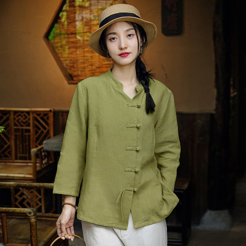 新中式棉麻女装2024春新款中国风上衣女复古亚麻衬衫气质开衫外套