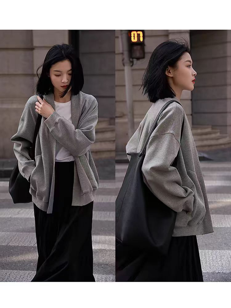 American Bf Style! Casual Simple Loose Lazy Style V Neck Fashionable Jacket Silhouette Sweatshirt Cardigan Jacket for Women