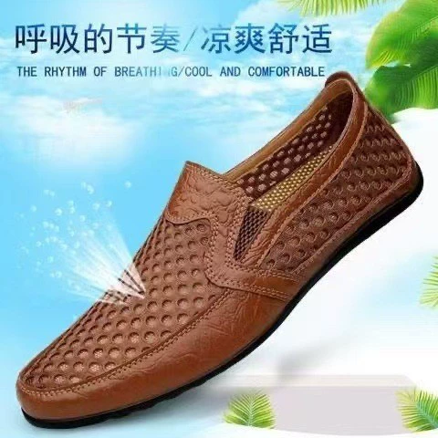 Кожаные сандалии, новые повседневные кожаные туфли без шнуровки, мужская летняя обувь с сеткой, обувь для вождения с дышащей сеткой, мужская обувь