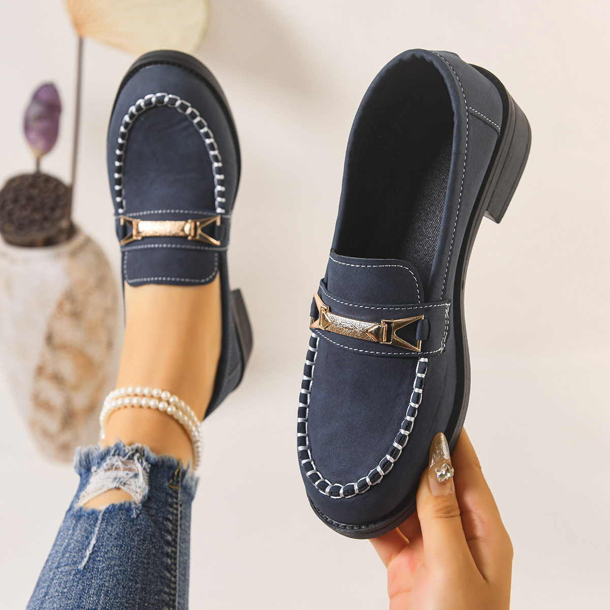 Retro loafers voor dames met metalen ketting en luipaardprint, plus size, lage schoenen, lente nieuw_voghion.com