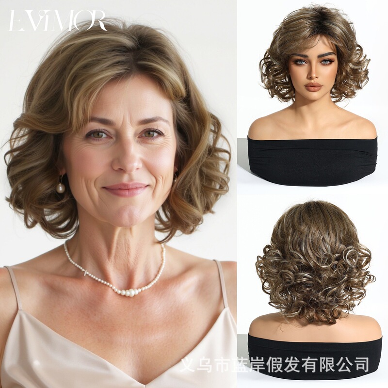 European and American Fashionable Ladies Middle-Aged and Elderly Mothers Silver Gray Short Curly Hair Fluffy Realistic Bobo Head Wig Full Headgear European and American Fashionable Ladies Middle-Aged and Elderly Mothers Silver Gray Short Curly Hair Fluffy Realistic Bobo Head Wig Full Headgear