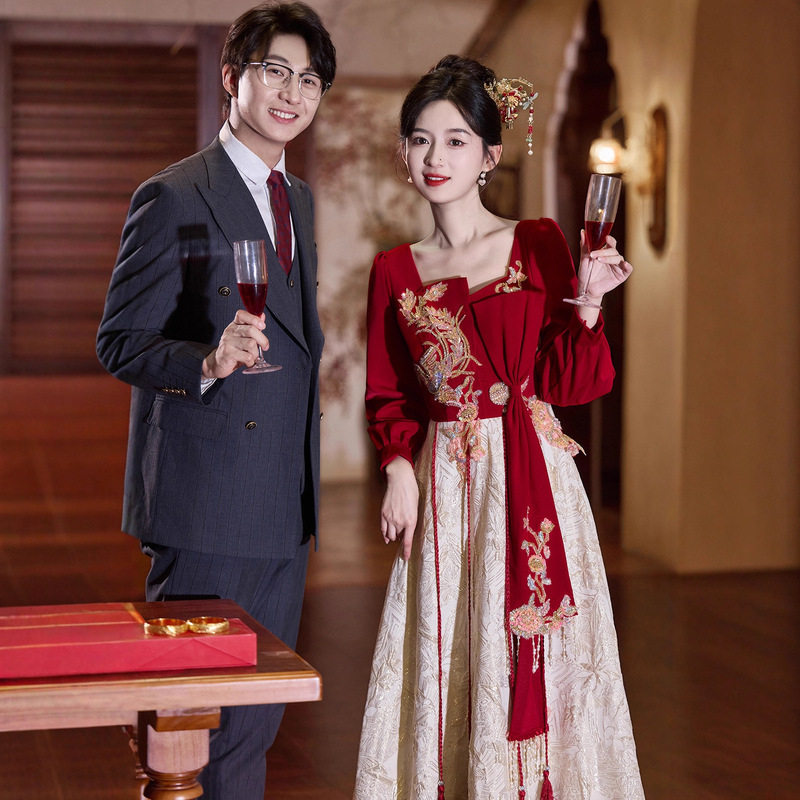 Red Toast Dress for the Bride 2026 New Engagement Dress Dignified and Elegant Wedding Day Casual Long-Sleeved Dress Red Toast Dress for the Bride 2026 New Engagement Dress Dignified and Elegant Wedding Day Casual Long-Sleeved Dress