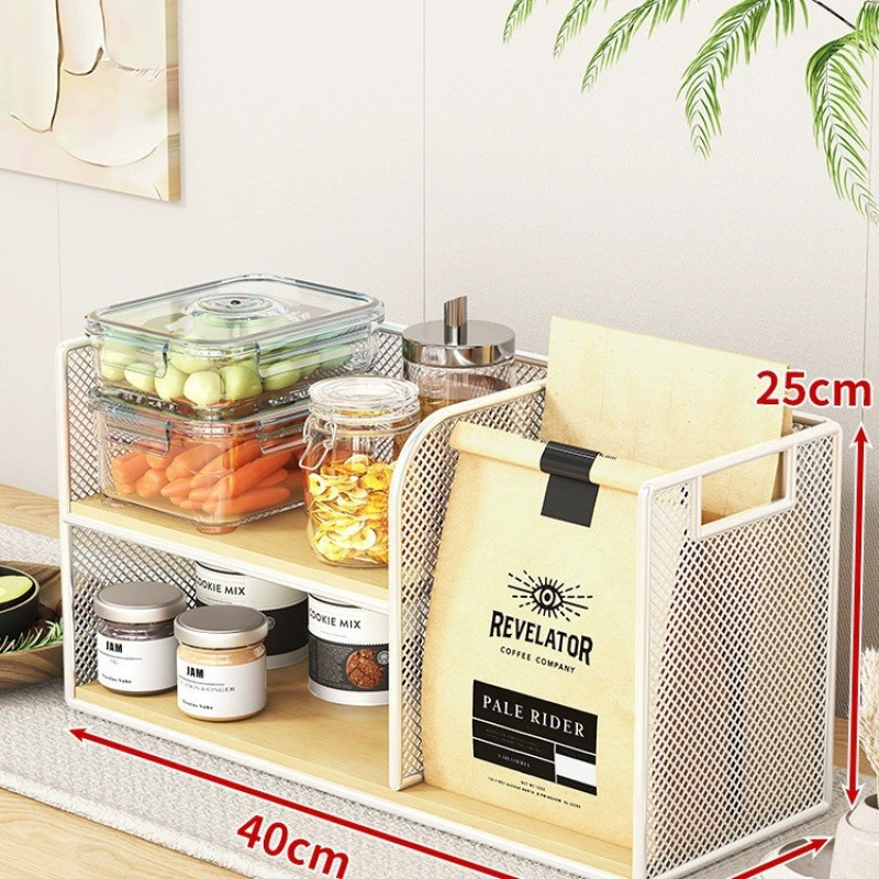 Desktop Storage Rack, Multi-Layer Mesh Frame with Oak/Teak Shelves, 2–5 Tier Options