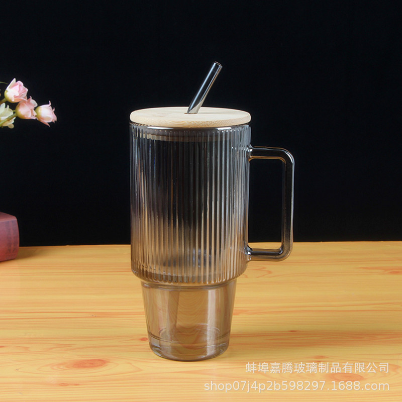 Taza de paja de vidrio vertical con mango, taza de café latte de hielo, taza de jugo de bebida de gran capacidad, taza de regalo de fiesta