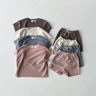 韩版ins夏季男女童清爽冰丝凉感短袖短裤套装舒适家居服多色纯色
