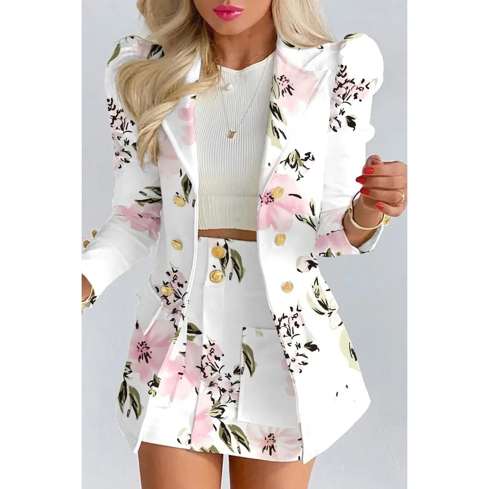 Puff Sleeve Double Breasted Blazer Coat & Skirt Sets