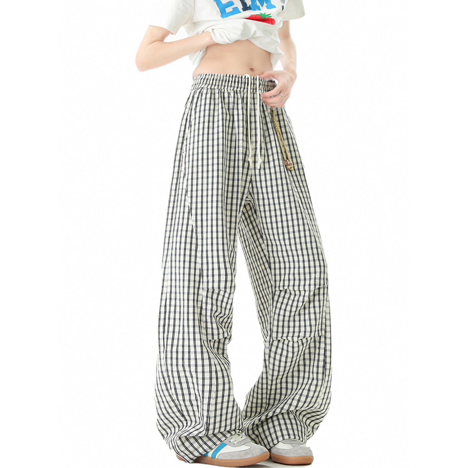 Men's Style Relaxed Fit Plaid Trousers Retro Color Block Wide Leg Casual Trendy Brand Drapey Paratrousers_viptrois.com