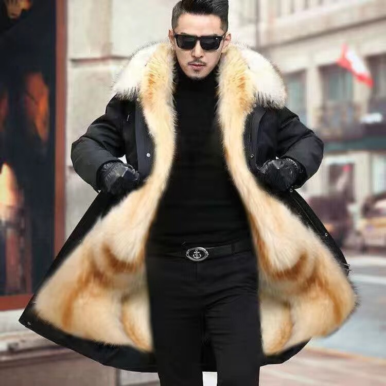 European and American Cross-Border 2026 Winter Large Size Cold-Proof Parka Men's Fur Coat Imitation Fox Fur Hooded Long Coat