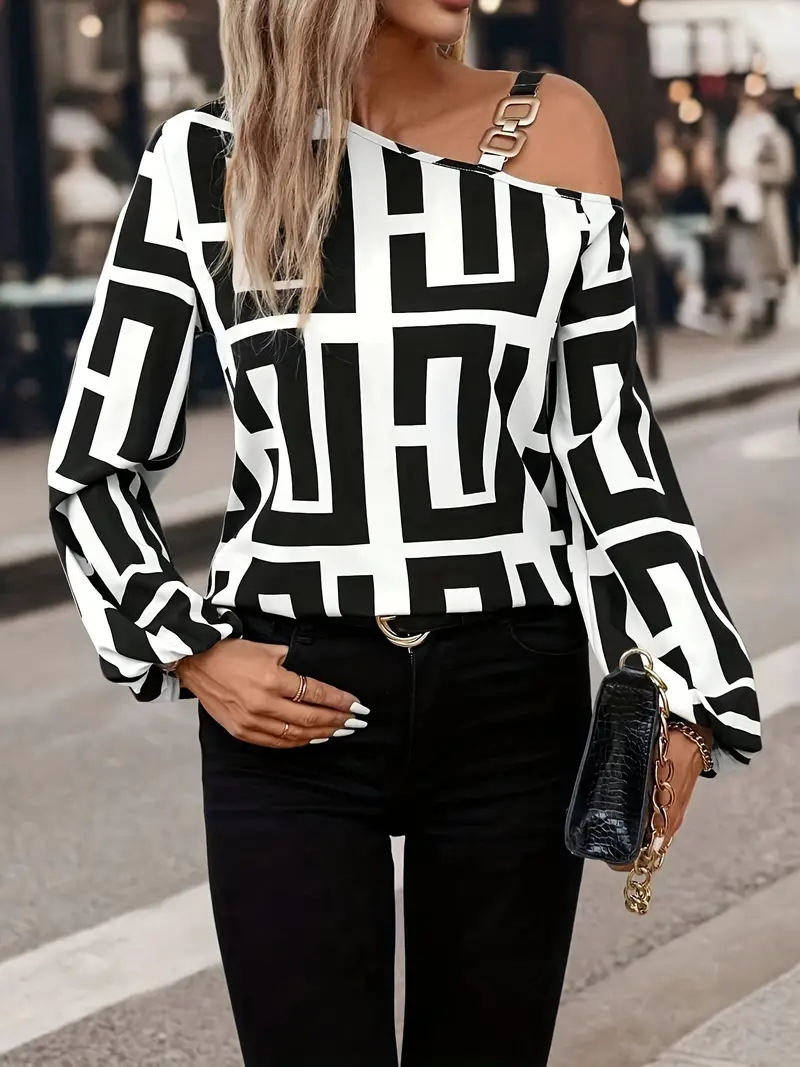273g Weight Long Sleeve Sleeve Length Polyester Fabric Type Regular Top Length Blouse Tops Type Casual, Daily Occasion Oblique collar Neckline Regular Fit Fit Type Geometric Pattern Spring, Autumn Season Women's Gender Printing Design Elegant, Streetwear Style Wholesale Women's Elegant Streetwear Geometric Long Sleeve Printing Blouses 9